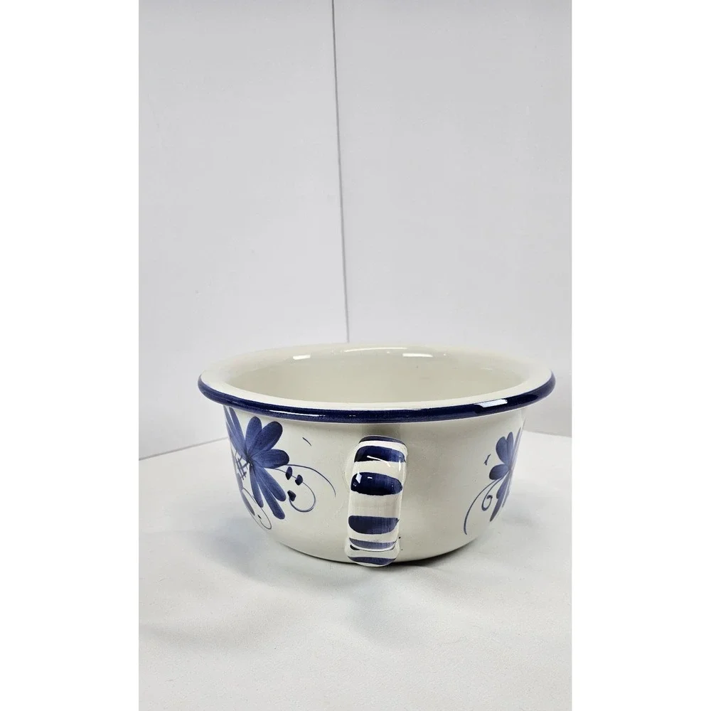 Vintage Blue Floral Handled‎ Soup Bowl Ceramic Serving Dish Farmhouse Kitchen